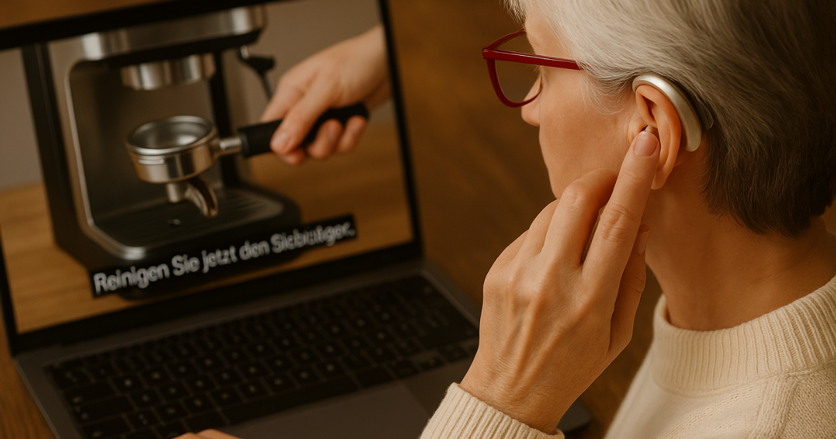 Frau mit Hörgerät sieht Barrierefreies Video mit Untertitel gemäß Barrierefreiehtisstärkungsgesetz