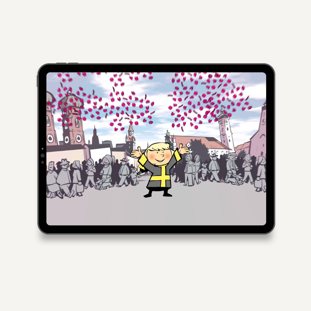 MVG Erklärvideo mit dem Münchner Kindl auf einem Tablet